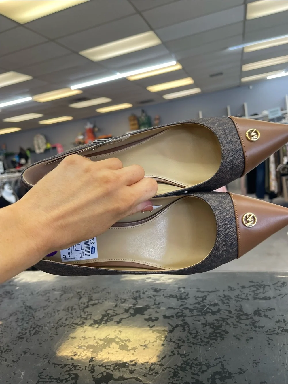 Michael Kors Brown Logo-Print Pointed Toe Flats with Tan Cap